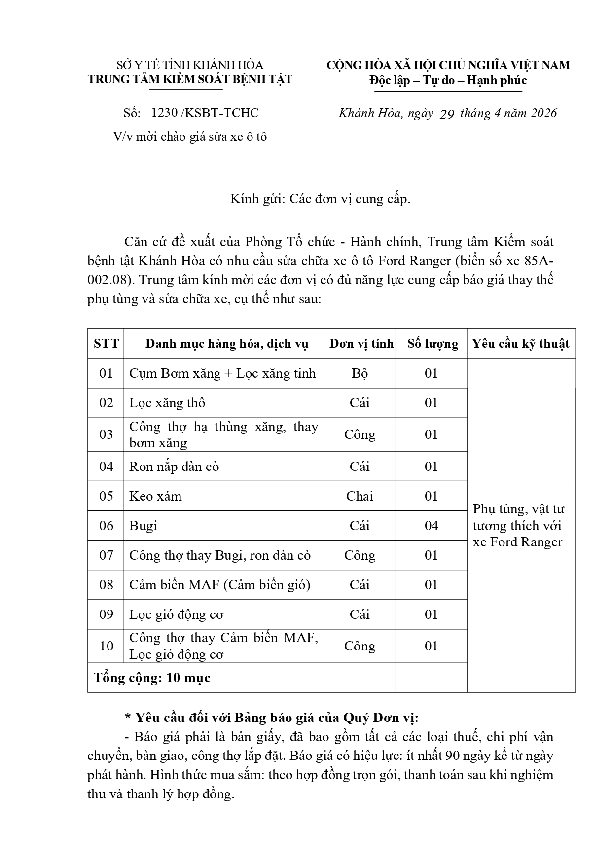 V/v mời chào giá sửa xe ô tô